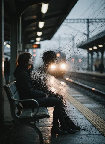 Conceptual Photograph, Realistic Railway Platform, Cool Dim... — Stable Diffusion AI Prompt: Conceptual photograph, realistic railway platform, cool dim daylight, distant ap...