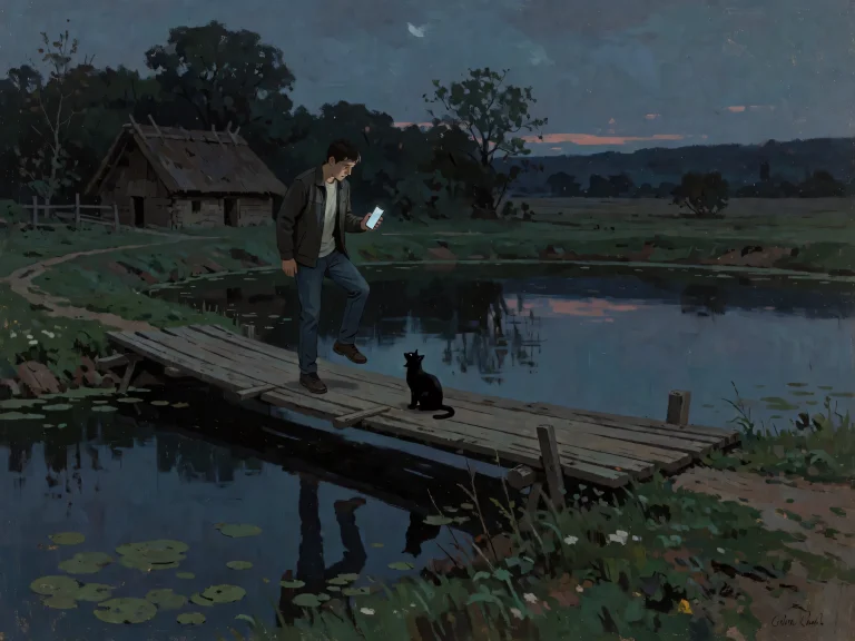 Man Looking At Phone Walking On Wooden Bridge Over Pond With...