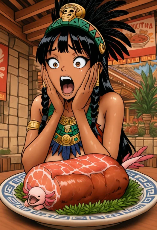 Illusp0s, Aztec, Macuahuitl, Amazed, 1girl, Black Hair, Tann...