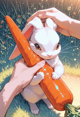 No Humans, Hand On Rabbits Head, Cute Rabbit Holding A Carro... — Stable Diffusion AI Prompt: no humans, hand on rabbit's head, cute rabbit holding a carrot, bokeh, grass,