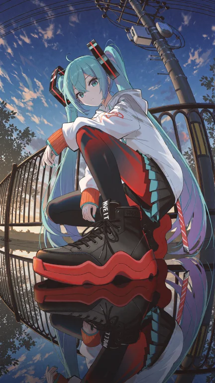 , , Japanese Anime Illustration Of Hatsune Miku Crouching On...