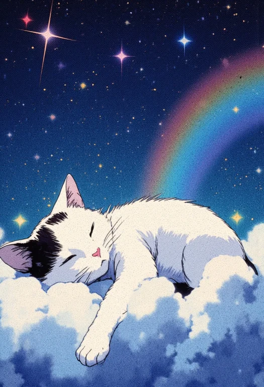 An Illustration Depicting A White And Black Cat Lying Comfor...