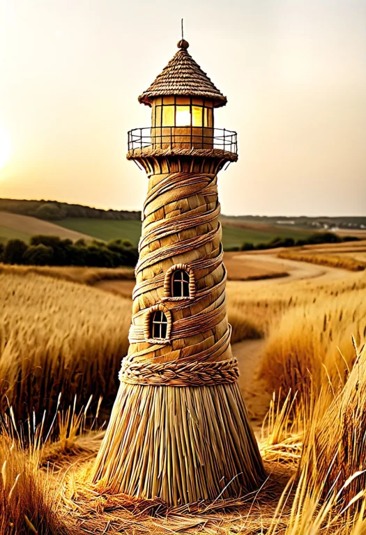 A Tall Lighthouse Sculpted Out Of Woven Golden Straw, Standi...