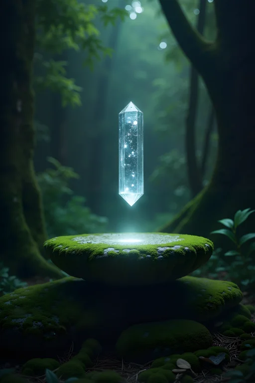 A Shimmering Crystal Floating Above An Ancient, Moss-covered...
