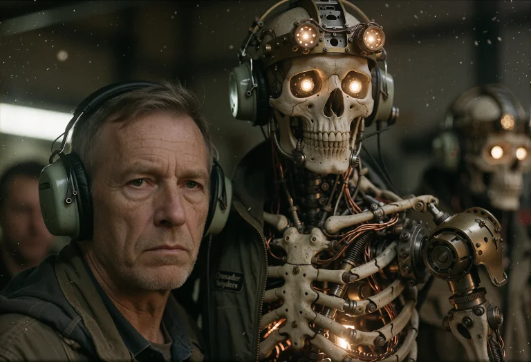 A Weathered Caucasian Man Wearing Heavy Industrial Headphone...
