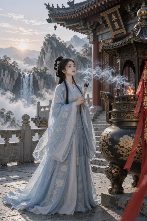 仙侠，日出山寺石台上，修仙女弟子穿浅蓝白长裙站在大型香炉旁，...