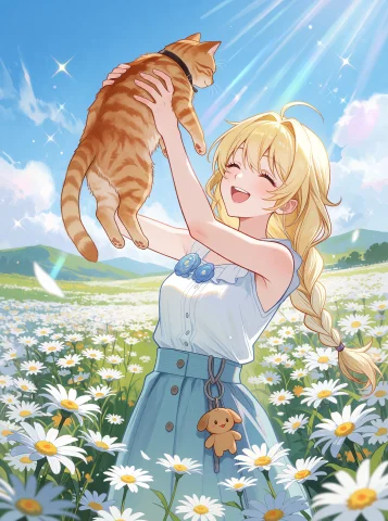 Joyful Blonde Woman with Cat — Stable Diffusion AI Prompt: A medium shot of a joyful young woman with long blonde hair tied in a loose side...