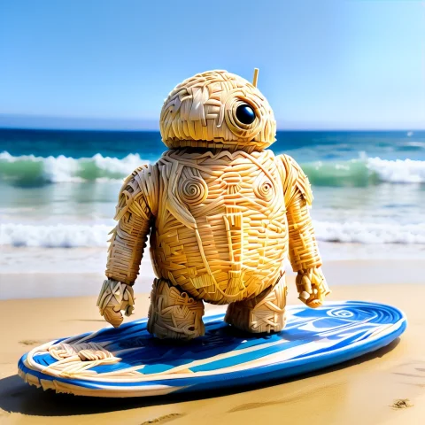 Made Of, Straw, R2-d2 On A Surfboard, Sunny Day, Blue Sky, O... — SDXL AI Prompt: made of, straw, R2-D2 on a surfboard, sunny day, blue sky, oceand and waves
