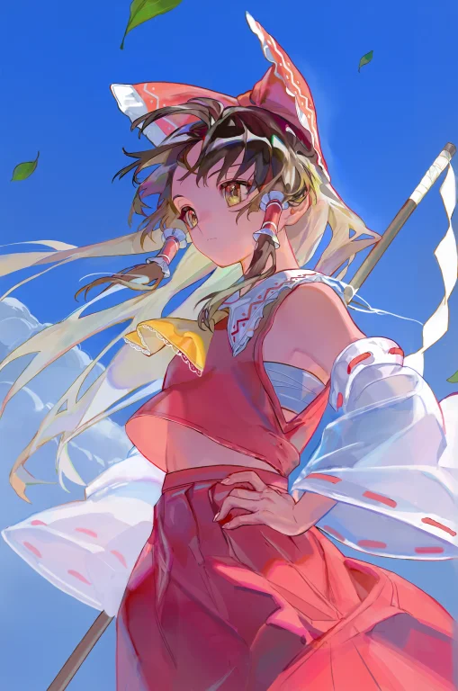 1girl, Hakurei Reimu, Long Hair, Yellow Ascot, Blue Sky, Clo...