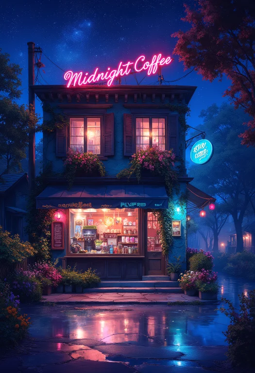 Anime Style, A Coffee Shop With A Long Illuminated Sign On T...