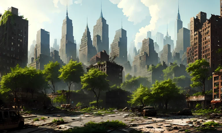 Digital Painting Of Destroyed New York City, City In Ruins,...