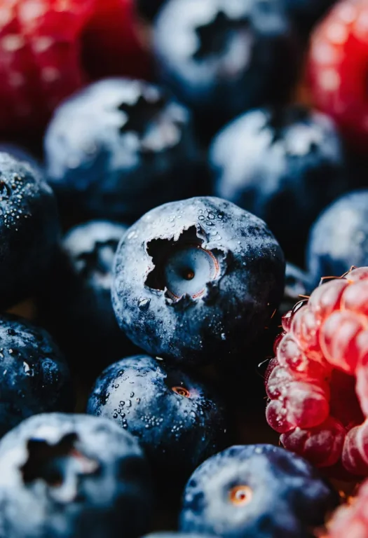 Lose-up Photo Of Blueberries And Raspberries, Macro Photogra...