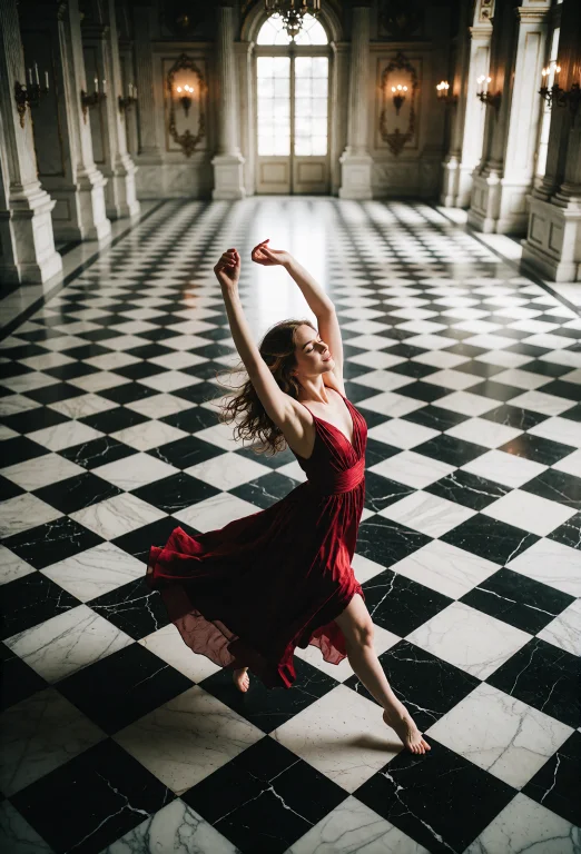 A Wide, Elegant Shot Captures A Young, Beautiful Woman, Slen...