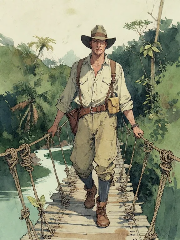 Bradhamel Art Style. A Rugged Explorer In A Wide-brimmed Hat...