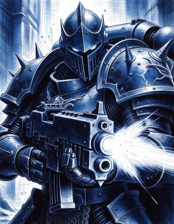 A Detailed Monochrome Blue Ink Sketch Of A Menacing Futurist...
