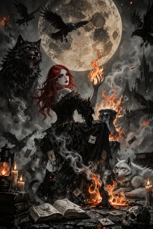 Dark Fantasy Cinematic Ink Wash Scene A Long-haired Redheade...