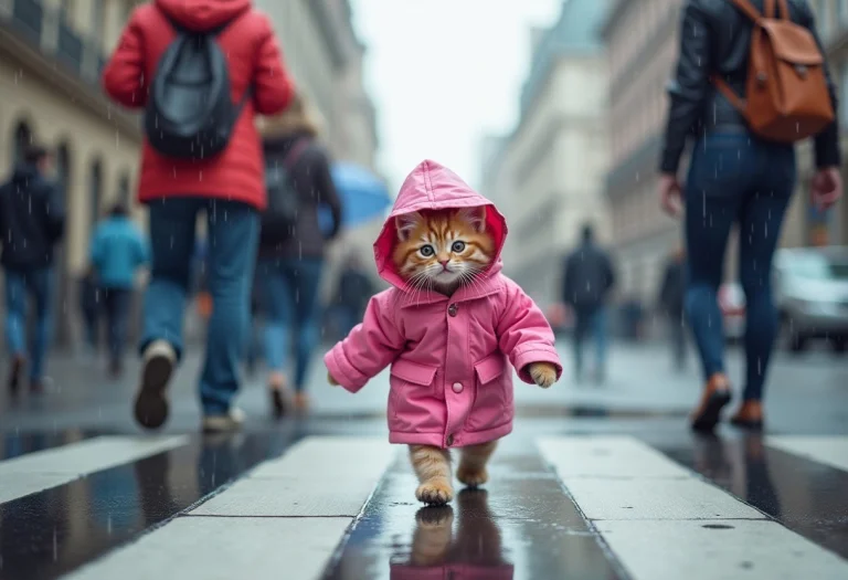 Cute Little Kitten In A Pink Raincoat Forgot To Turn Off The...