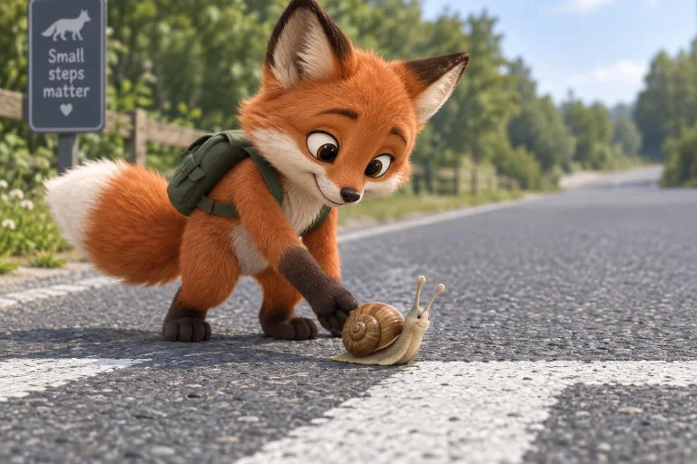 A Cute Anthropomorphic Fox Helps A Snail Cross The Asphalt R...