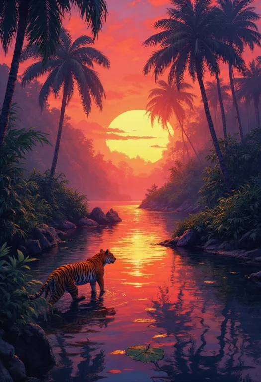 Paradise Of Brazilian Jungle Side By Sunset, 1 Tiger At Rive...