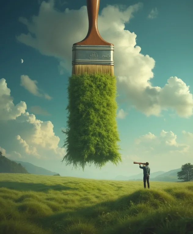 A Surreal Landscape Where A Vast Expanse Of Grassy Field Is...