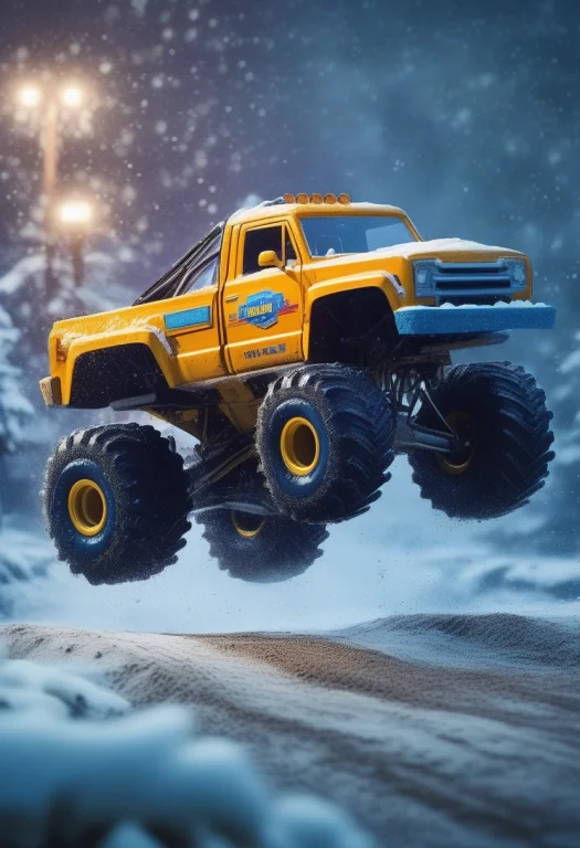 A Monster Truck Frozen Mid-jump Over Dirt, Voxel Art, Photog...