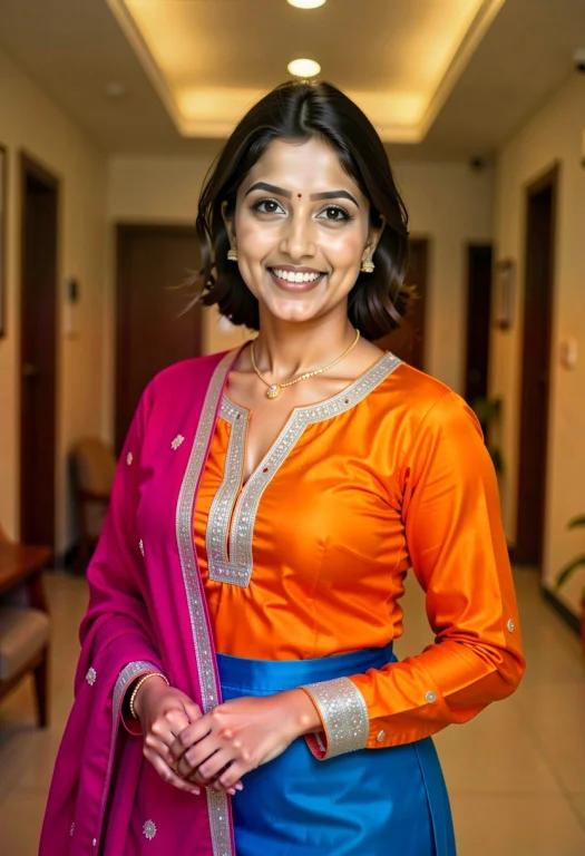 Three-quarter Portrait Of A Smiling Indian Woman Standing In...