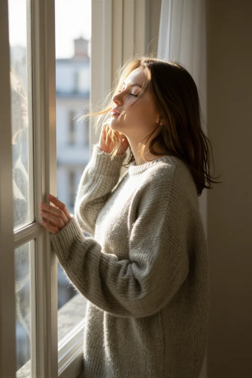 A Woman Leans Against Her Open Bedroom Window In An Oversize...