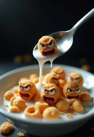 A Photorealistic Image Of A Bowl Of Cereal With Tiny, Comica... — FLUX AI Prompt: A photorealistic image of a bowl of cereal with tiny, comically fierce faces on...