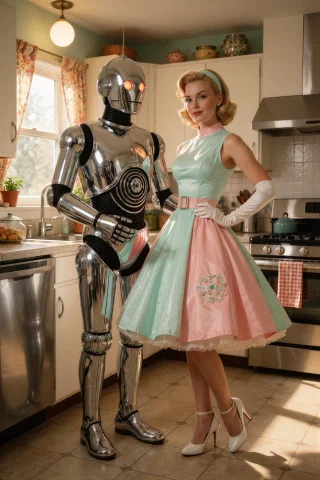 Retrofuturismbymrjohn, A Stylish Woman In A Retro-futuristic... — Stable Diffusion AI Prompt: RetroFuturism_ByMrJohn, a stylish woman in a retro-futuristic pastel dress stand...
