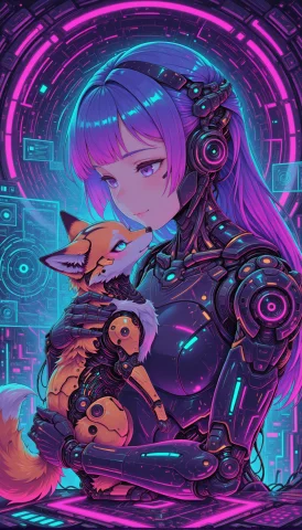 1girl, Android Girl, Holding A Robotic Fox, Neon Circuitry,... — Stable Diffusion AI Prompt: 1girl, android girl, holding a robotic fox, neon circuitry, deep cyber blue and...