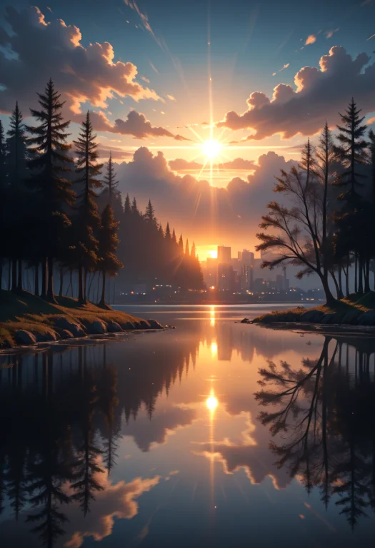 Outdoors, Lake,, Water, , Sunset, Light Ray, Lens Flare, Ref...