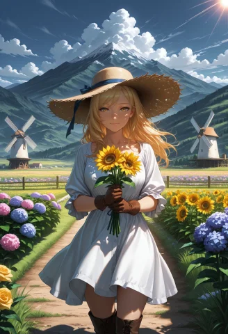 Smooth Quality, 1girl, Solo, Light Smile, Basket, Blonde Hai... — Stable Diffusion AI Prompt: Smooth Quality, 1girl, solo, light smile, basket, blonde hair, blue sky, boots,...