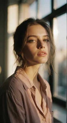 Candid Glamour Portrait Of A Young Woman By A Large Window I... — Stable Diffusion AI Prompt: Candid glamour portrait of a young woman by a large window in golden hour light,...