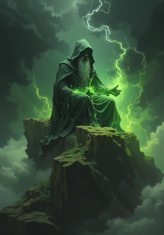 Dark Fantasy Illustration Of An Ancient Wizard Sitting, Floa...