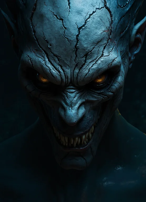 A Close-up Of A Menacing Creatures Face, Rendered In A Dark...
