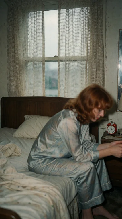 A Redheaded Woman In A Faded Silk Pyjamas Sits On The Edge O...