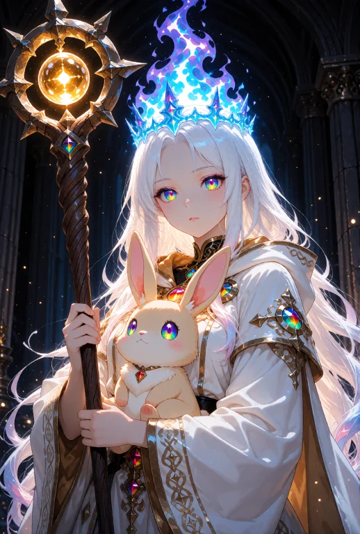 A Fantasy Mage Woman With Long, Flowing White Hair And Iride...