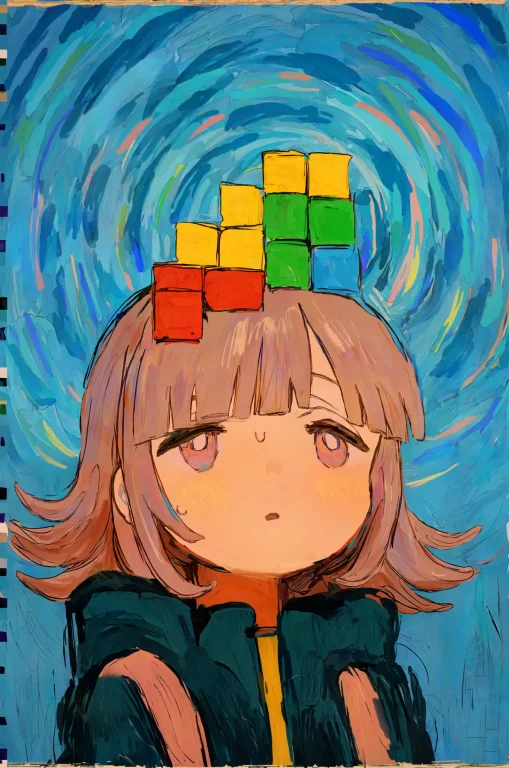 1girl, Nanami Chiaki, Tetris, Portrait, Looking Up, Abstract...