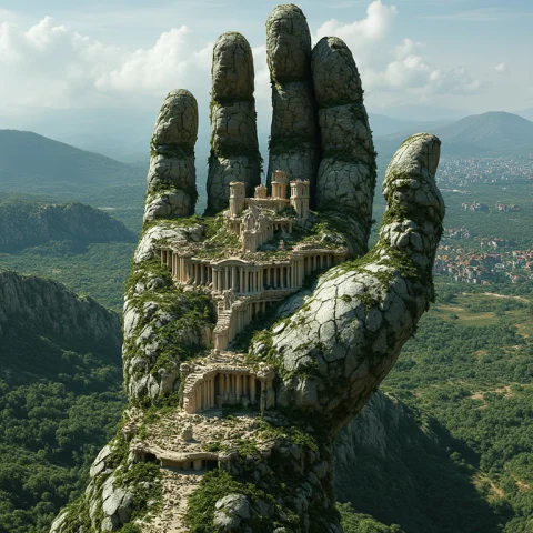 A City Built On A Lar-stat Hand Shaped Rock With A Distant L... — Stable Diffusion AI Prompt: a city built on a (LAR-STAT hand) shaped rock with a distant lush landscape back...