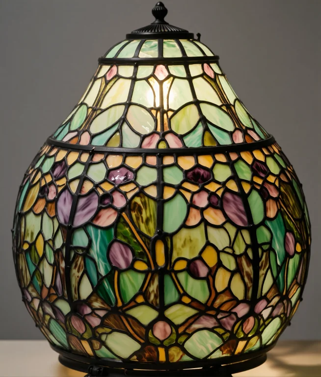 , A Stained Glass Table Lamp With A Bulbous, Rounded Shade F...