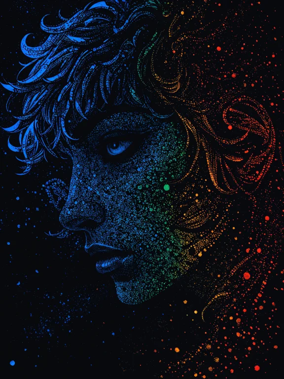 Sfw. Pointillism Art. Vivid Colors. Silhouette With Wild Hai...