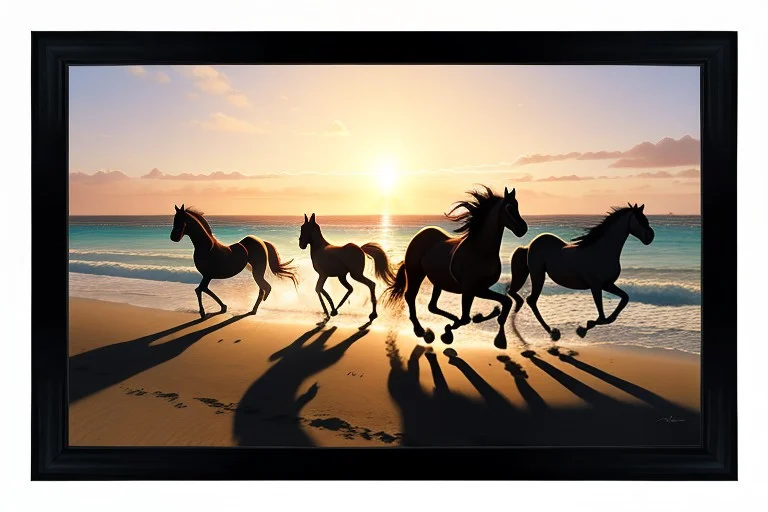 Wild Horses Galloping Along A Wide Beach, Hyperrealistic, Su...