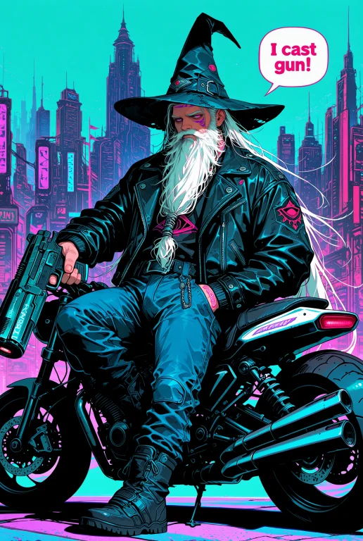 1boy, Very Long Beard, White Hair, Wizard Hat, Leather Jacke...