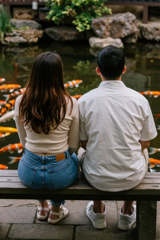 A Woman And A Man Sit Close Together On A Wooden Bench Overl...