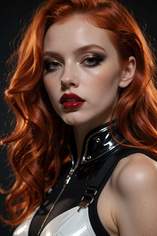 A Striking Woman With Vibrant, Wavy Red Hair Styled In Loose...