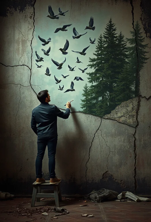A Man Painting Birds On A Cracked Concrete Wall, Each One Fl...
