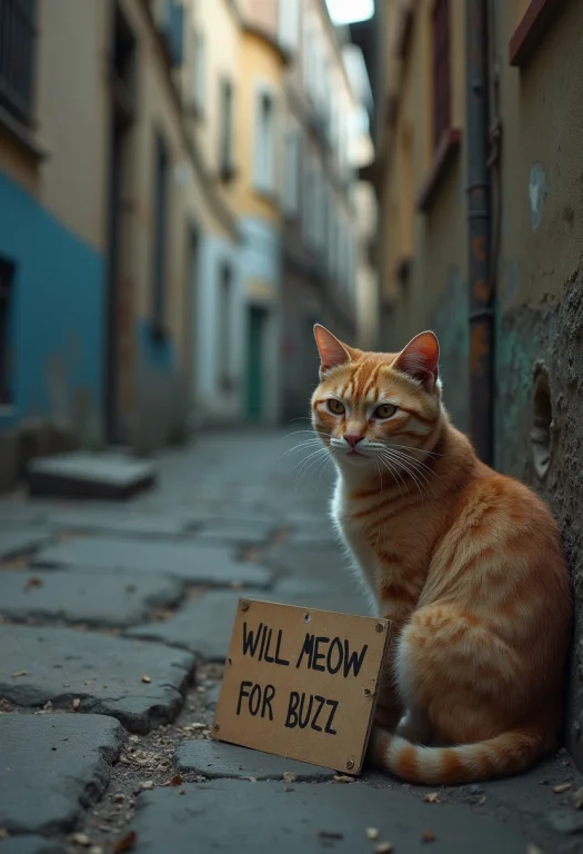 Photorealistic Picture Of A Sad Cat, Crying, Poverty, Beggar...
