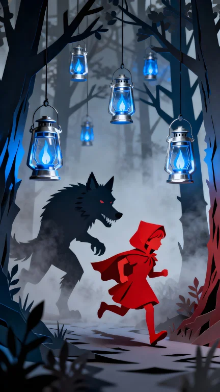 A Red Silhouette Of Little Red Riding Hood Running Away From...