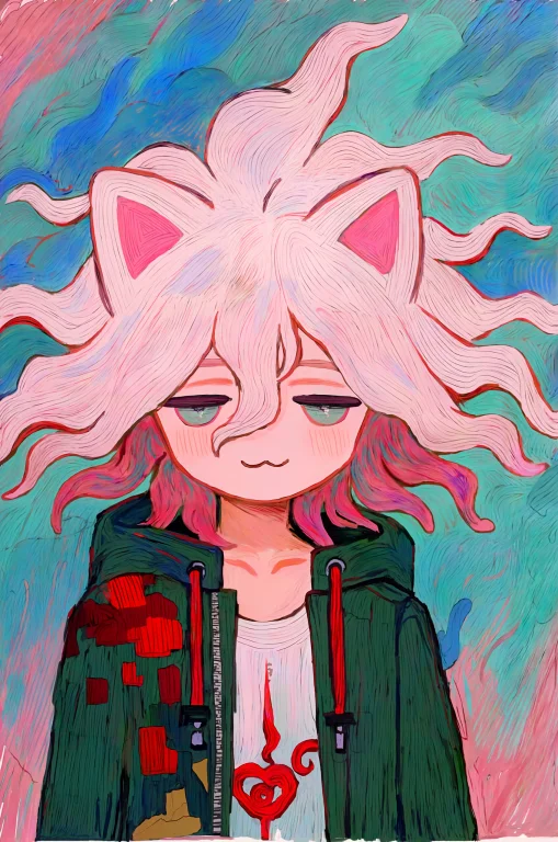 1boy, Komaeda Nagito, Cat Ears, Pink Theme, Faux Traditional...
