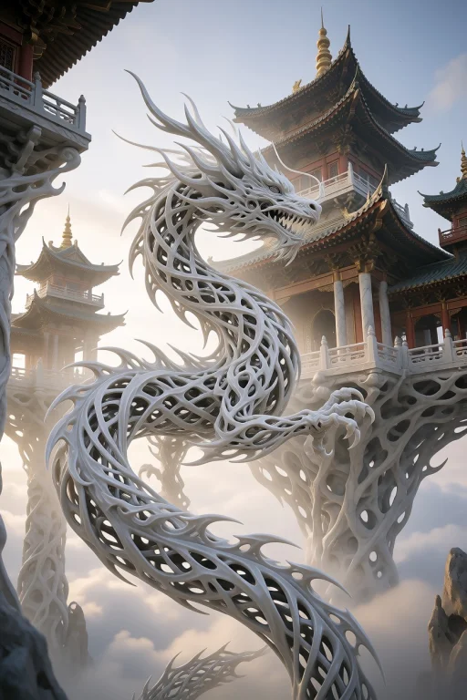 Colossal White Porcelain Filigree Dragon. A Colossal, Serpen...